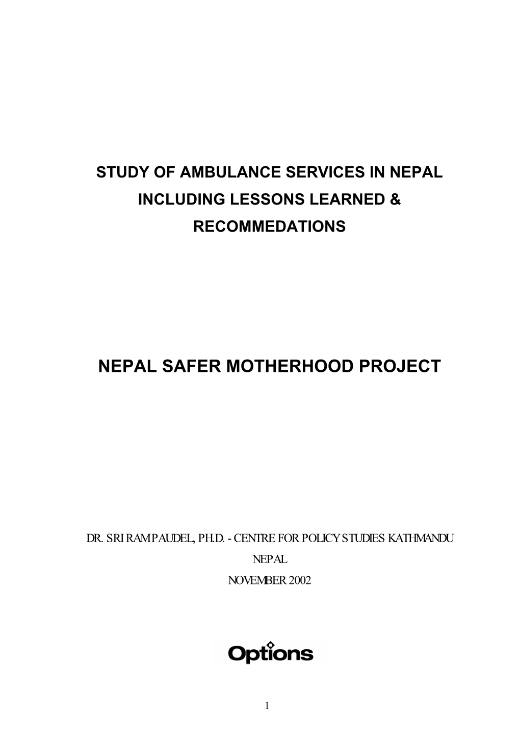 Study of Ambulance Services in Nepal Including Lessons Learned & Recommedations