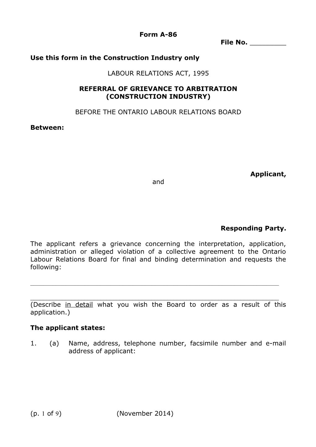 Referral of Grievance to Arbitration - Construction Industry