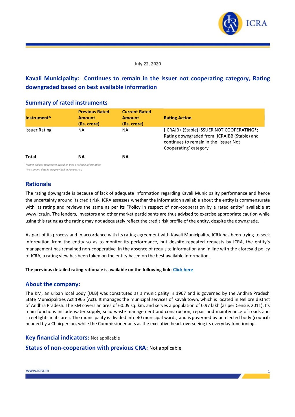 Kavali Municipality: Continues to Remain in the Issuer Not Cooperating Category, Rating Downgraded Based on Best Available Information