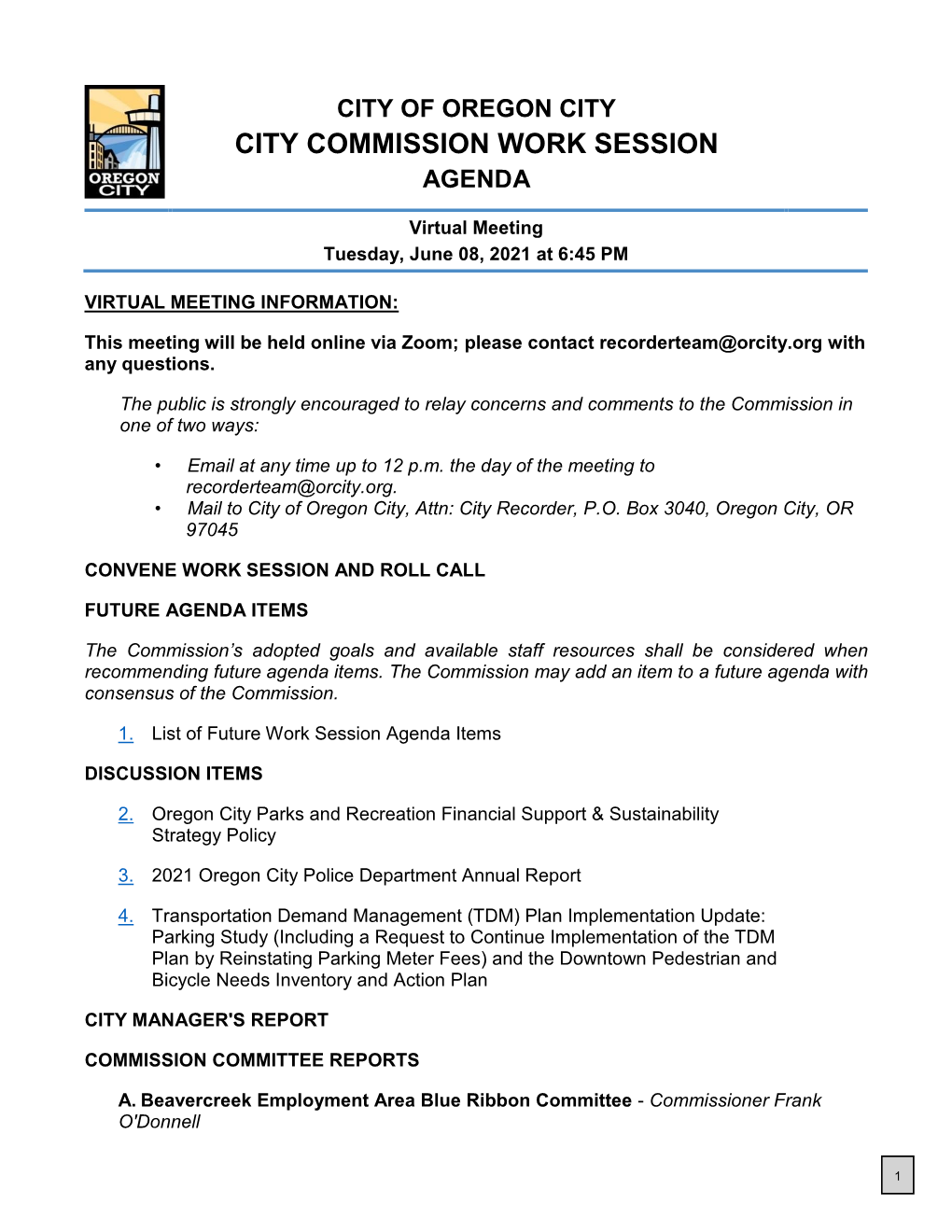 City Commission Work Session Agenda