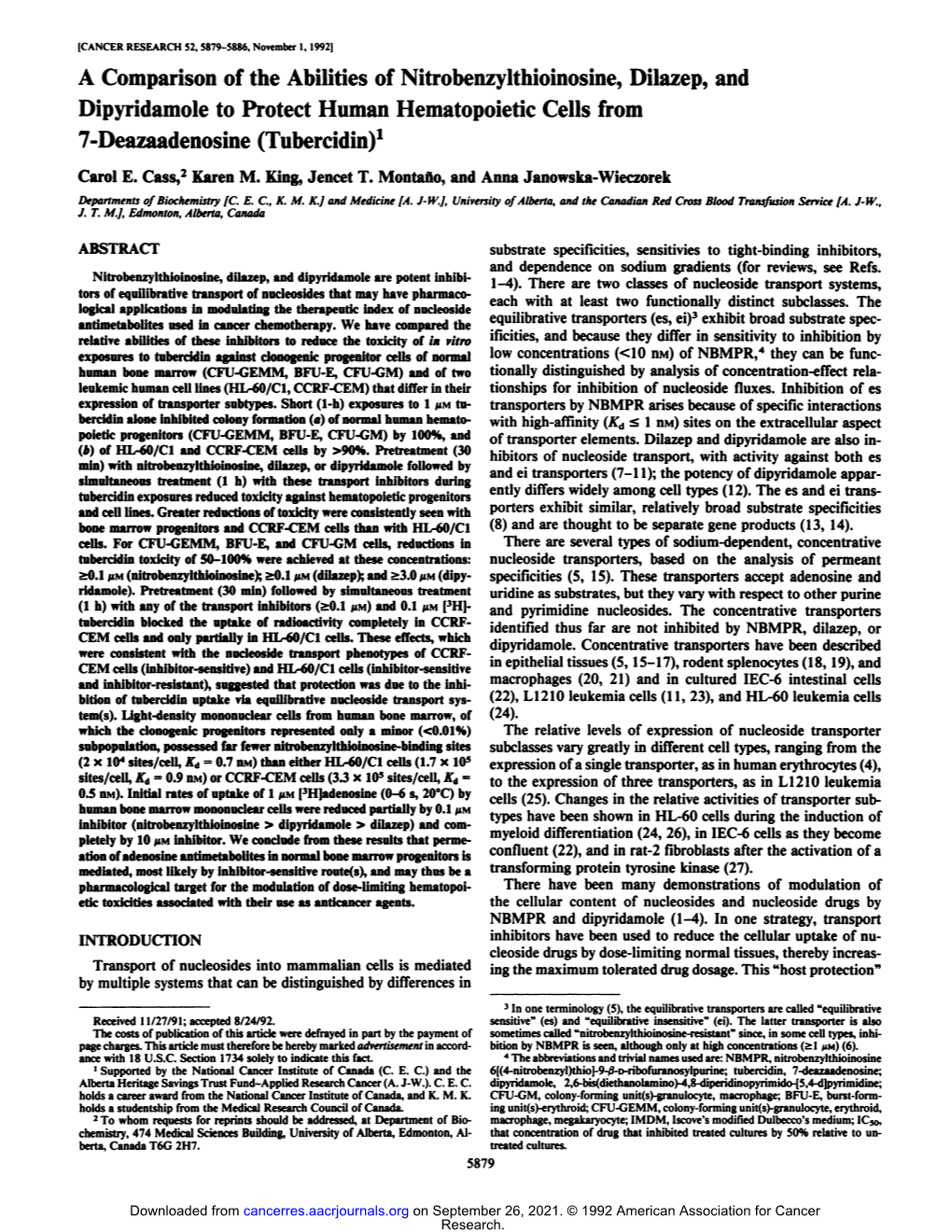 A Comparisonof the Abilitiesof Nitrobenzylthioinosine,Dilazep,And