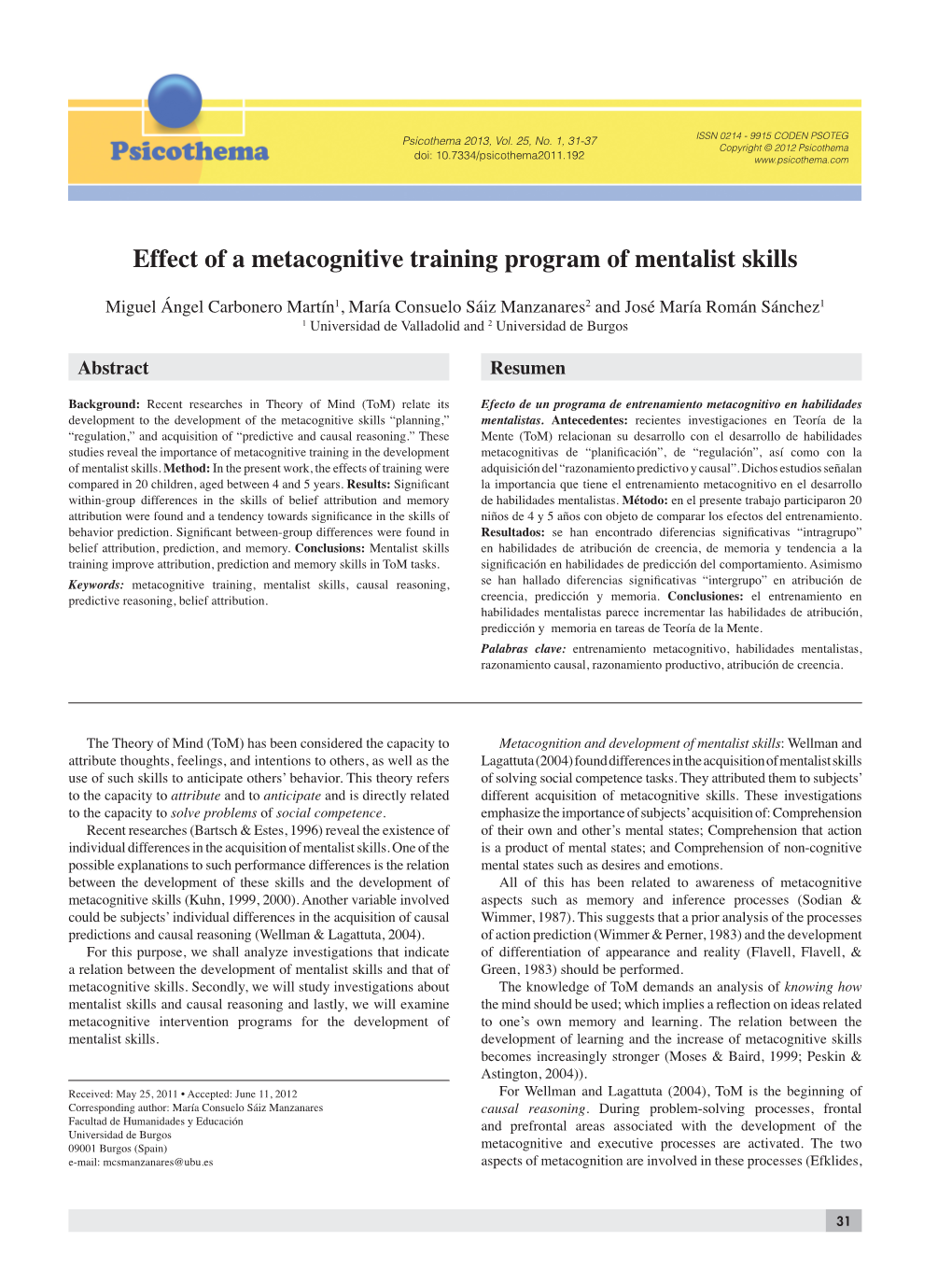 Effect of a Metacognitive Training Program of Mentalist Skills