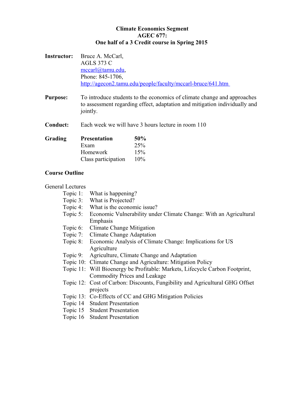 Climate Change Syllabus for Spring 2003