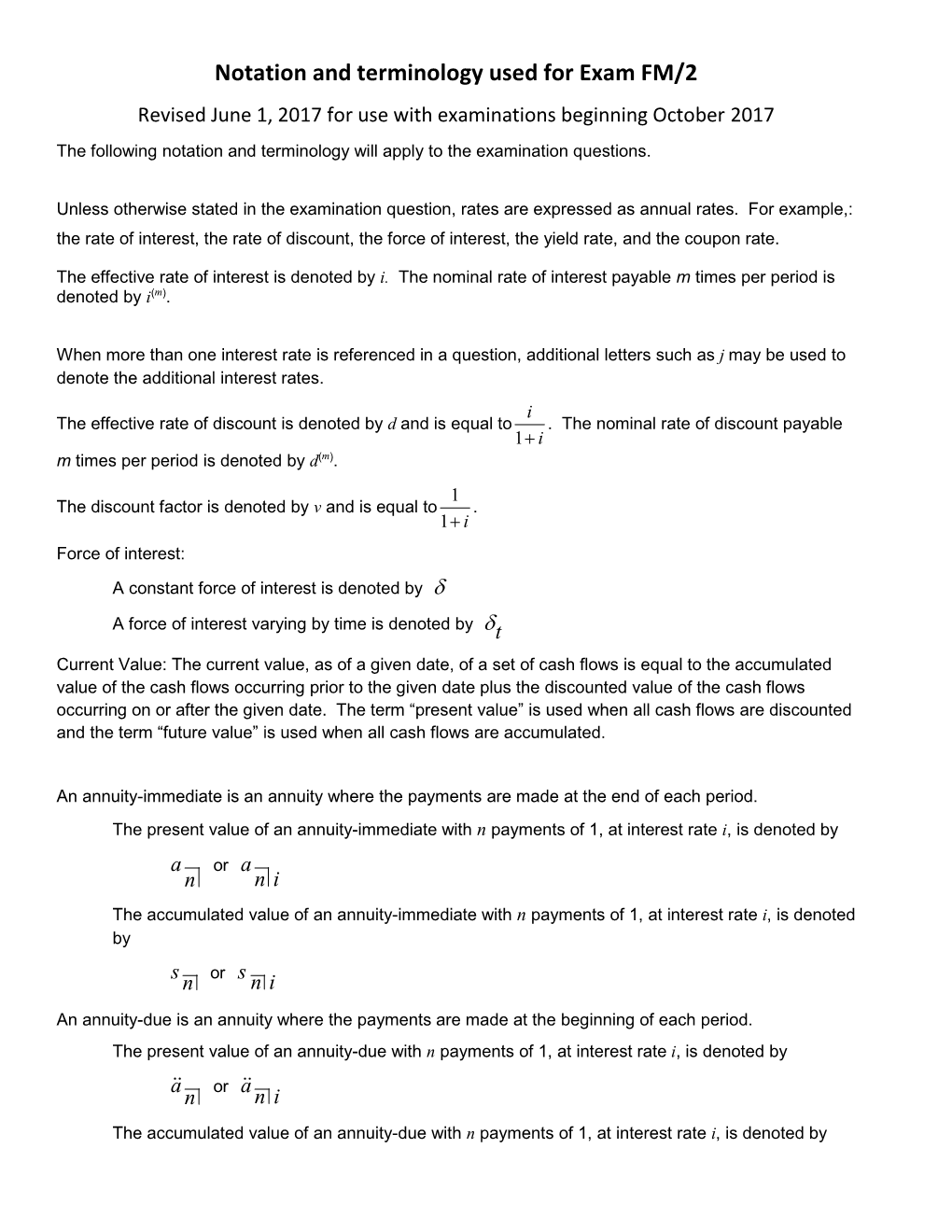 Notation and Terminology Used for Exam FM/2