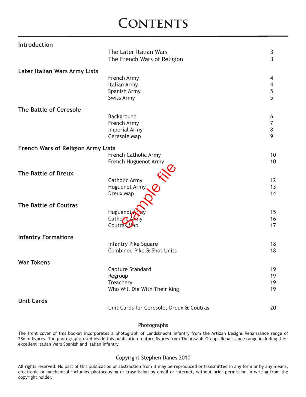 Sample File 17 Infantry Formations Infantry Pike Square 18 Combined Pike & Shot Units 18