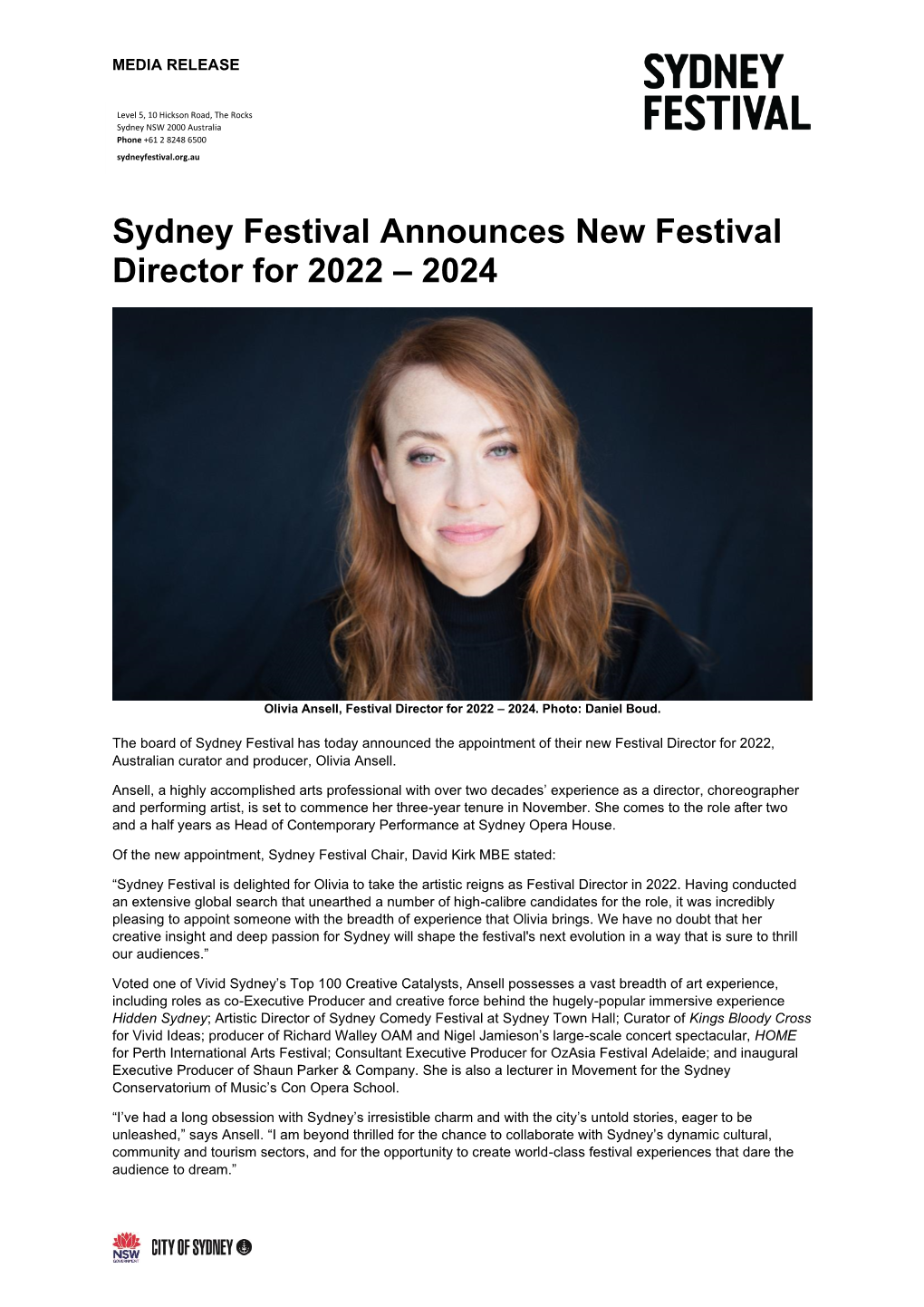 Sydney Festival Announces New Festival Director for 2022 – 2024