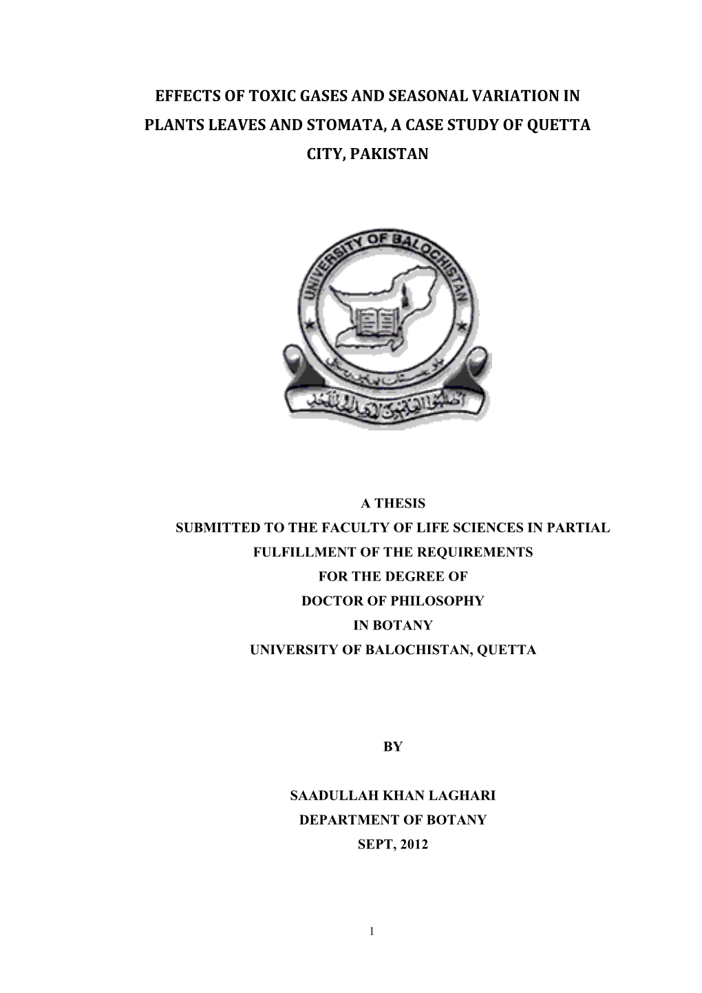 Effects of Toxic Gases and Seasonal Variation in Plants Leaves and Stomata, a Case Study of Quetta City, Pakistan