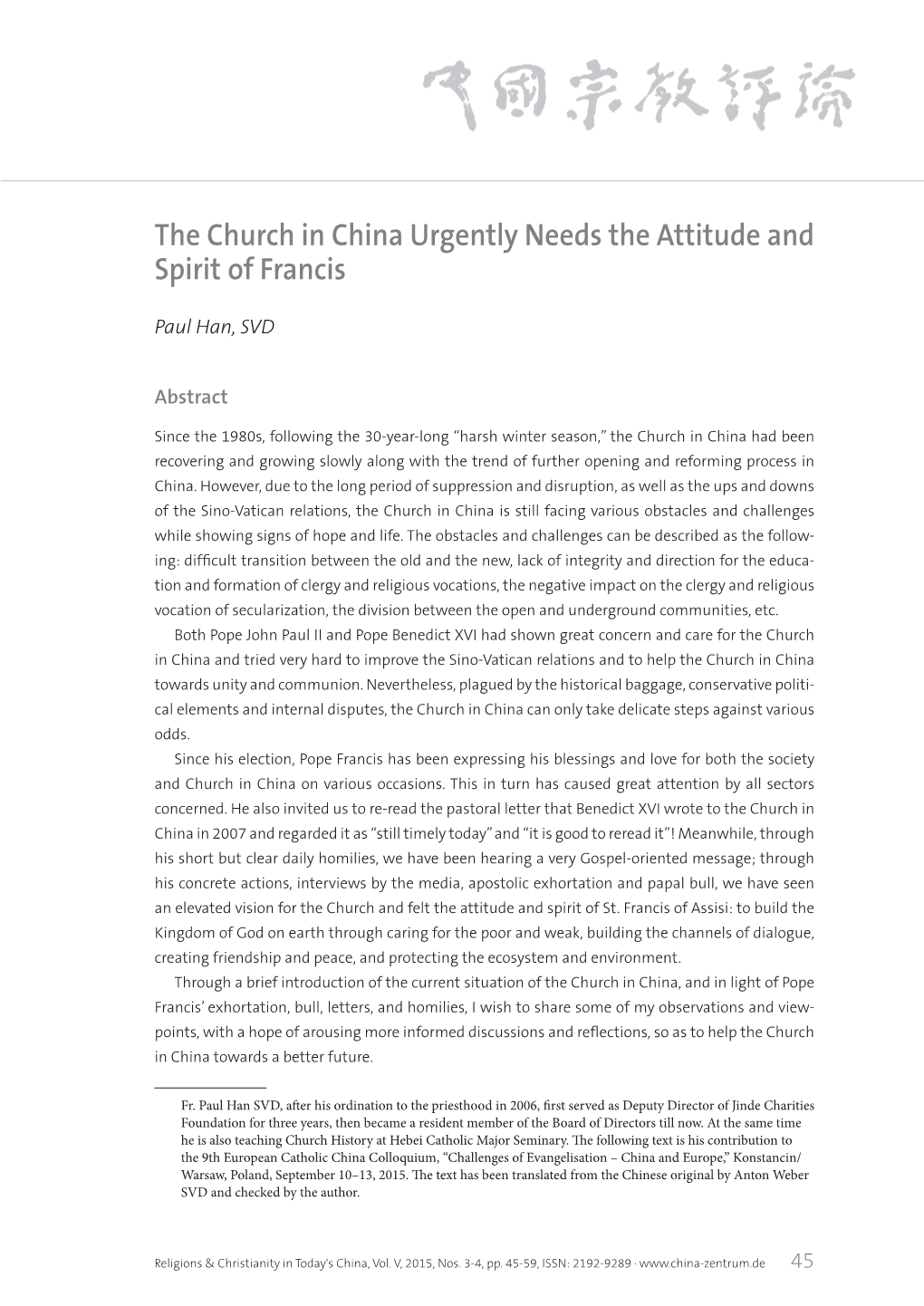 The Church in China Urgently Needs the Attitude and Spirit of Francis