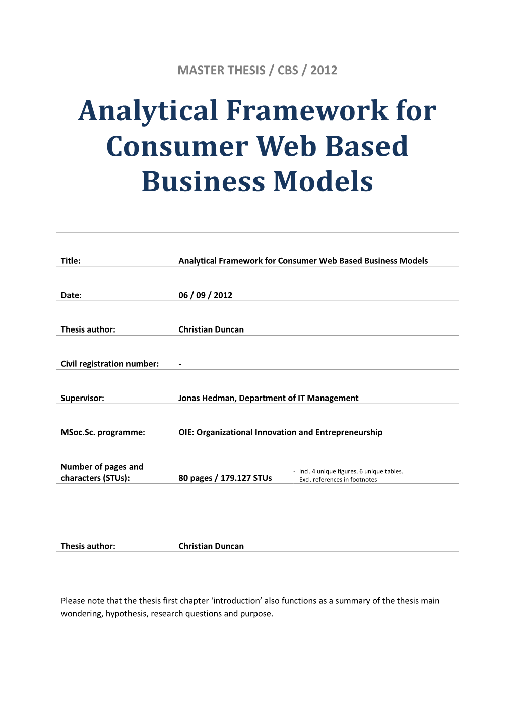 Analytical Framework for Consumer Web Based Business Models