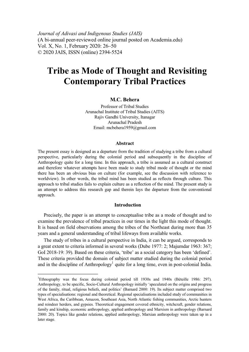 Tribe As Mode of Thought and Revisiting Contemporary Tribal Practices