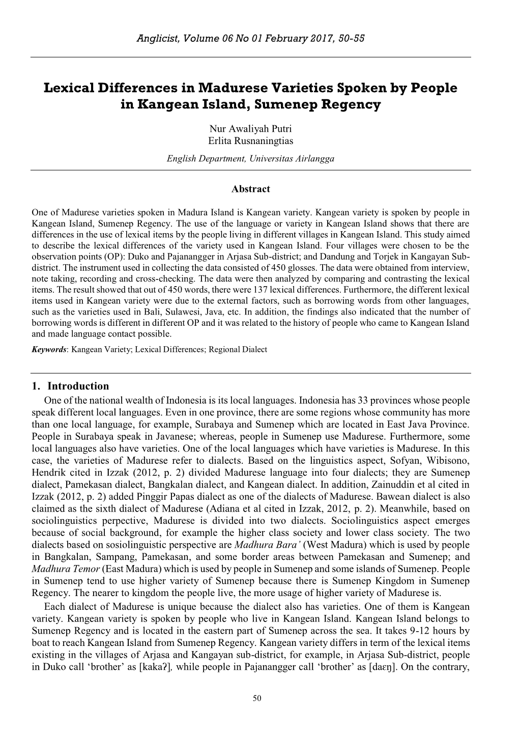 Lexical Differences in Madurese Varieties Spoken by People in Kangean Island, Sumenep Regency