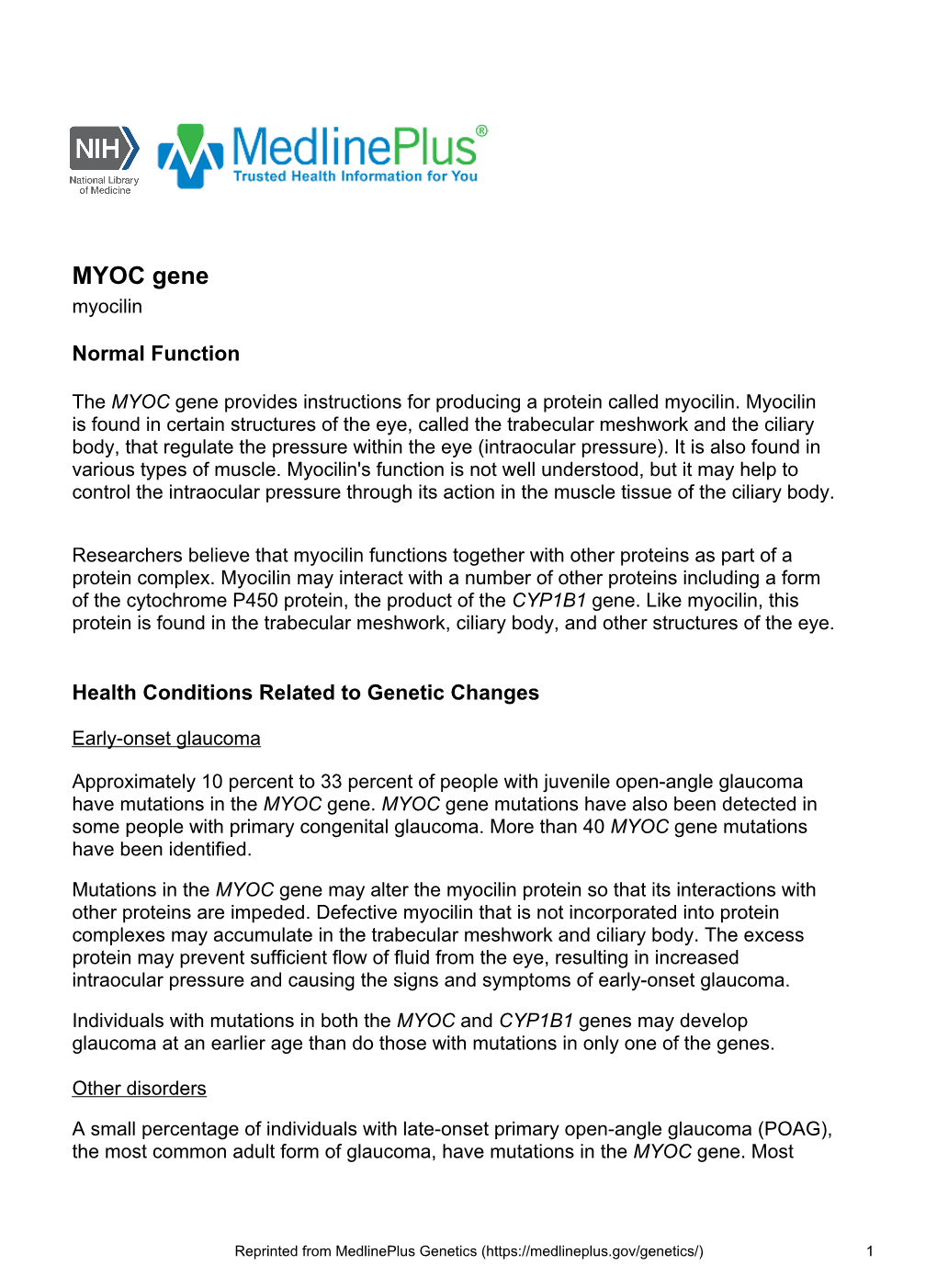 MYOC Gene Myocilin