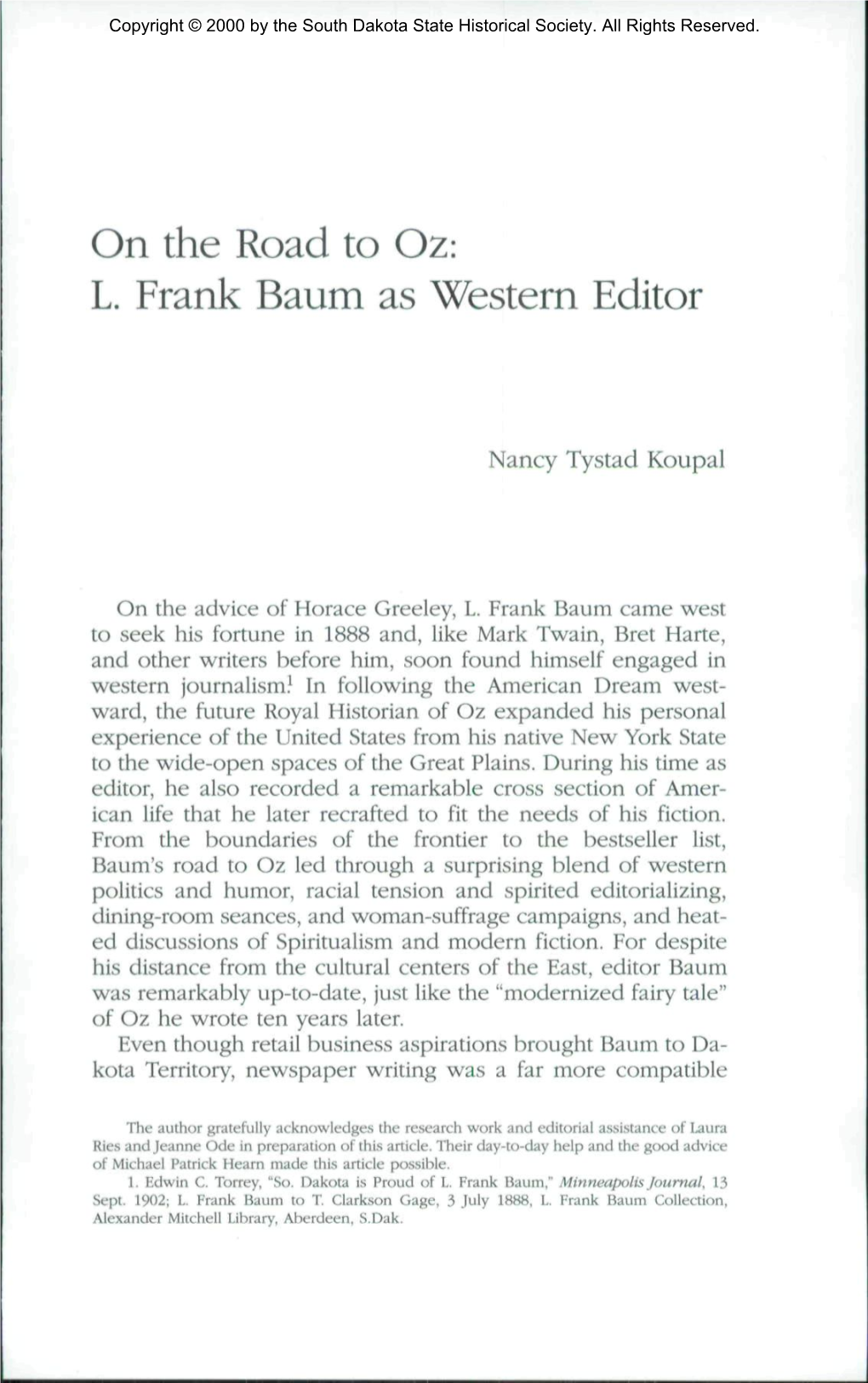L. Frank Baum As Western Editor