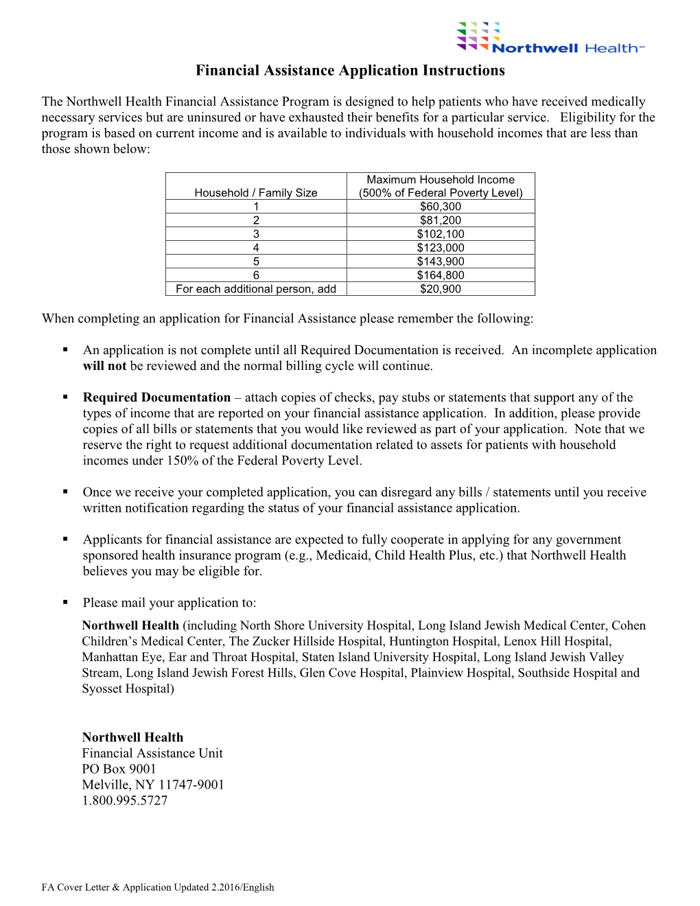 Financial Assistance Application Instructions