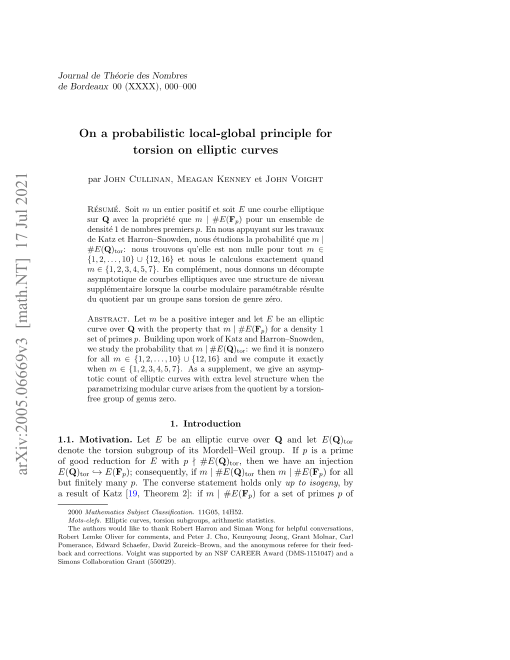 Arxiv:2005.06669V3 [Math.NT] 17 Jul 2021 E(Q)Tor ,→ E(Fp); Consequently, If M | #E(Q)Tor Then M | #E(Fp) for All but ﬁnitely Many P