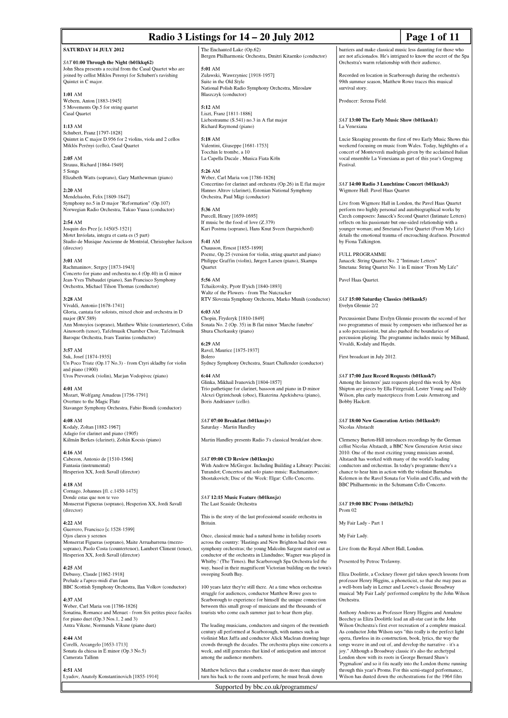 Radio 3 Listings for 14 – 20 July 2012 Page 1 Of