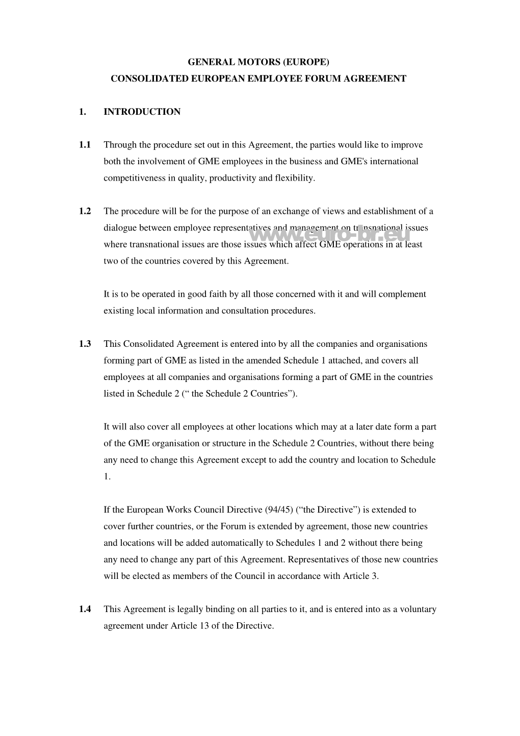 General Motors (Europe) Consolidated European Employee Forum Agreement