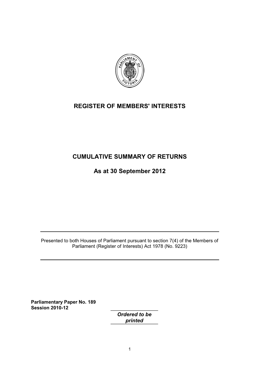 Register of Members' Interests Cumulative Summary