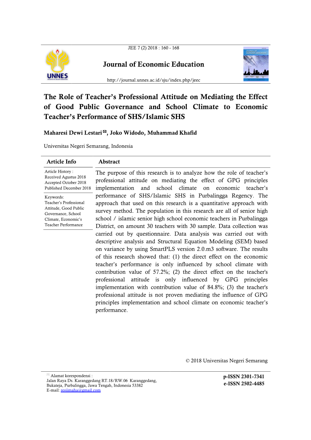 Journal of Economic Education the Role of Teacher's Professional Attitude on Mediating the Effect of Good Public Governance An