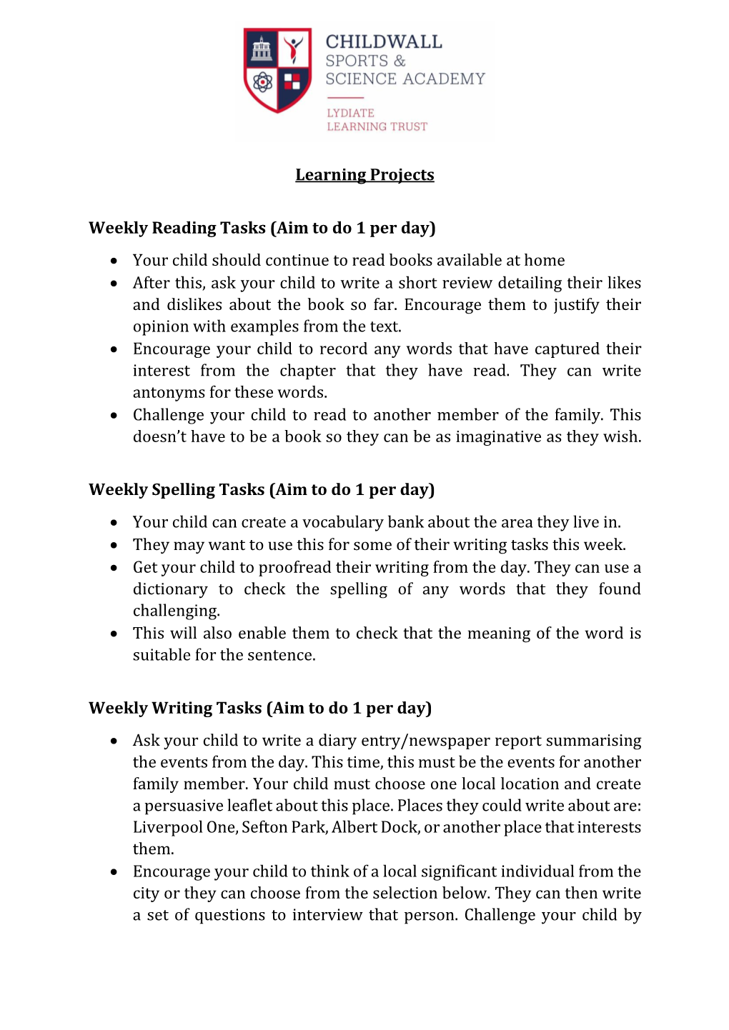 Learning Projects Weekly Reading Tasks (Aim to Do 1 Per Day)