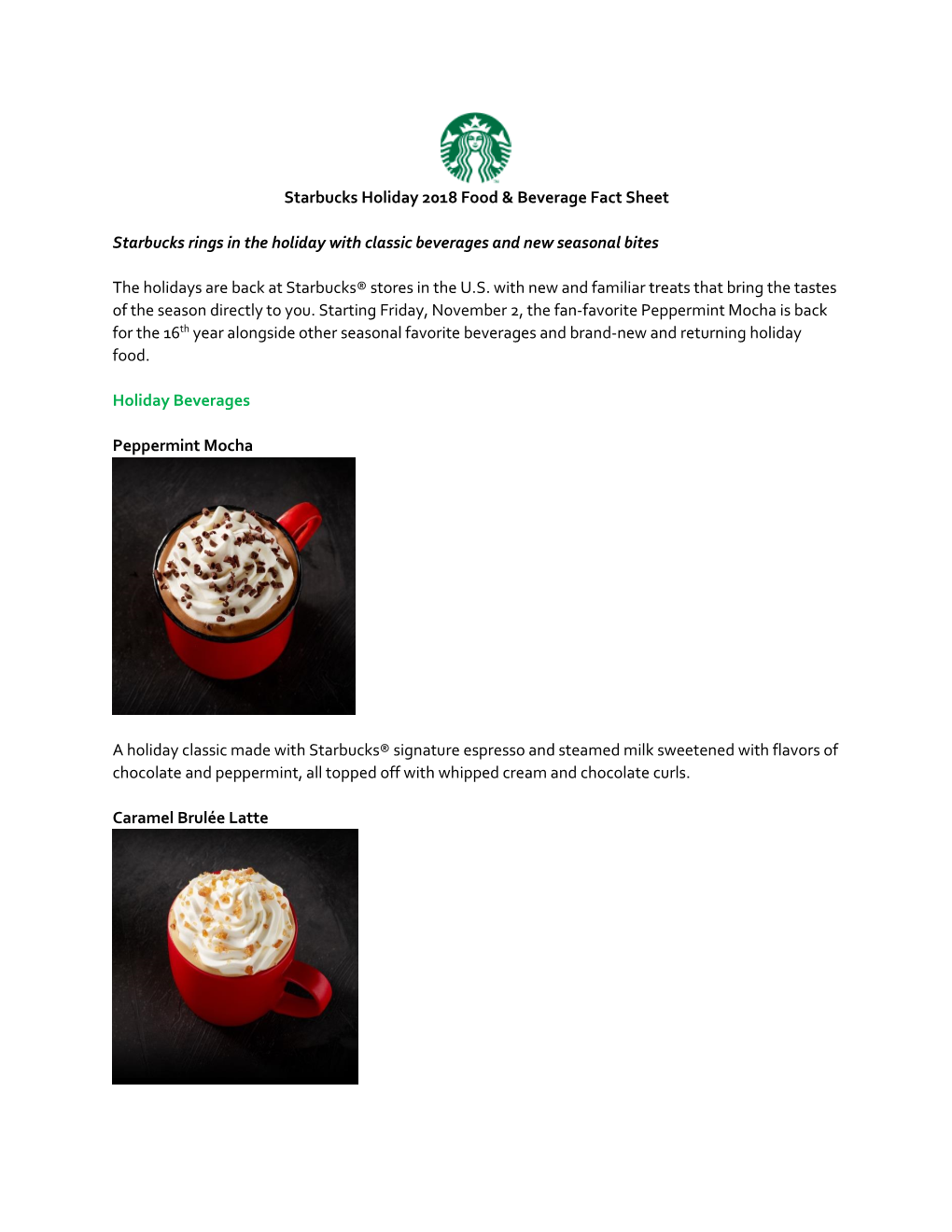 Starbucks Holiday 2018 Food & Beverage Fact Sheet