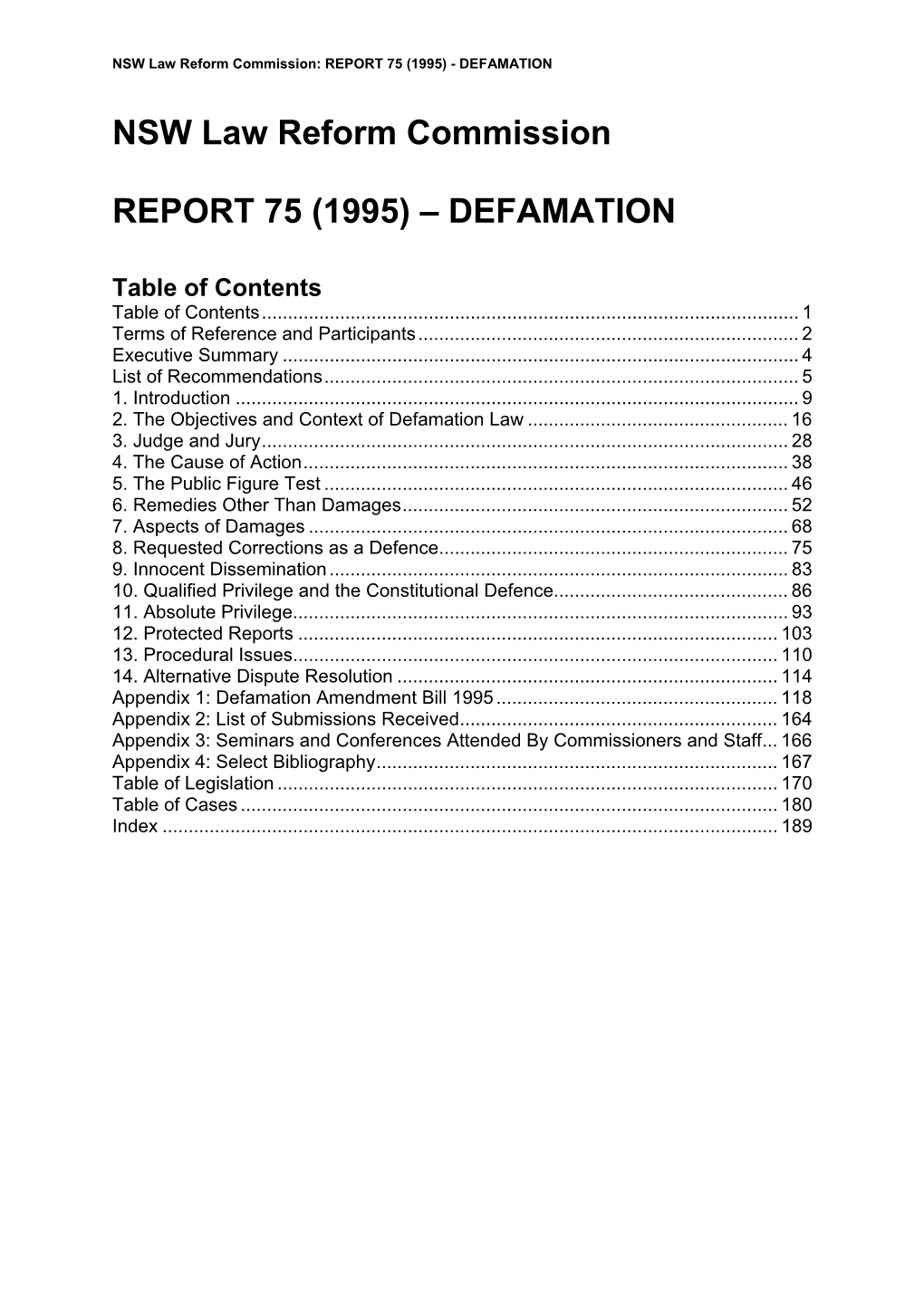 NSW Law Reform Commission REPORT 75 (1995) – DEFAMATION