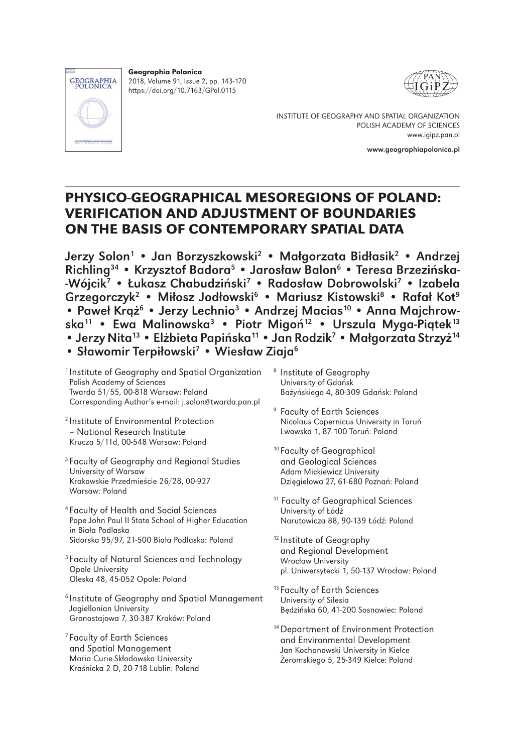 Physico-Geographical Mesoregions of Poland: Verification and Adjustment of Boundaries on the Basis of Contemporary Spatial Data