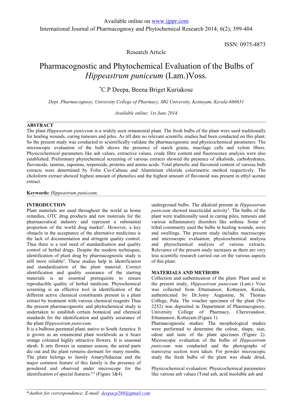 Pharmacognostic and Phytochemical Evaluation of the Bulbs of Hippeastrum Puniceum (Lam.)Voss