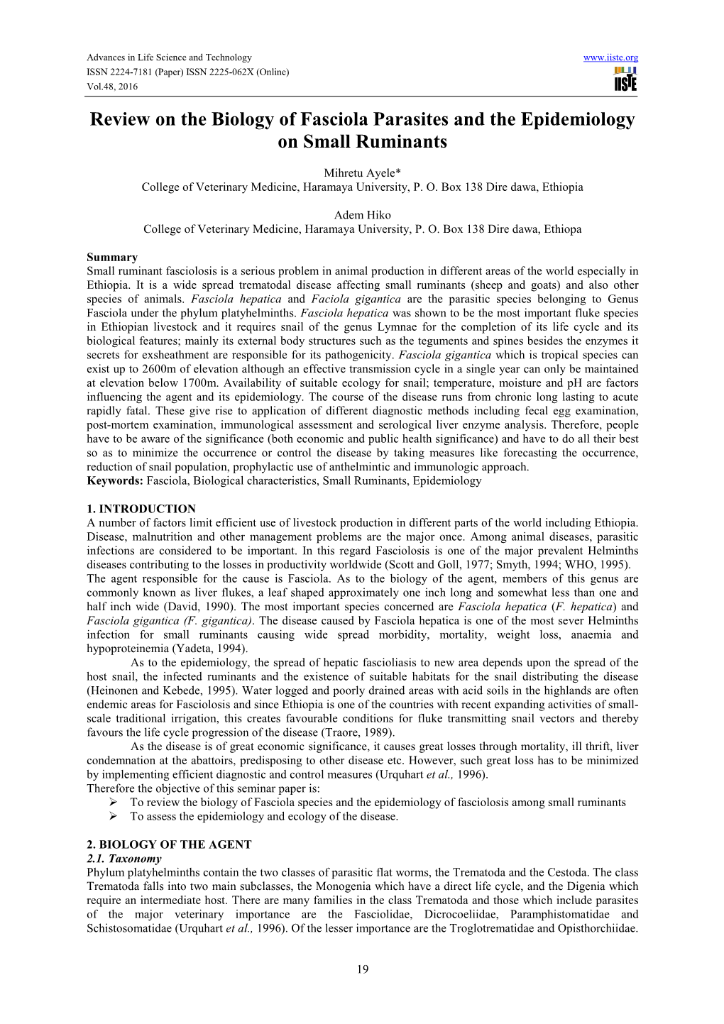 Review on the Biology of Fasciola Parasites and the Epidemiology on Small Ruminants