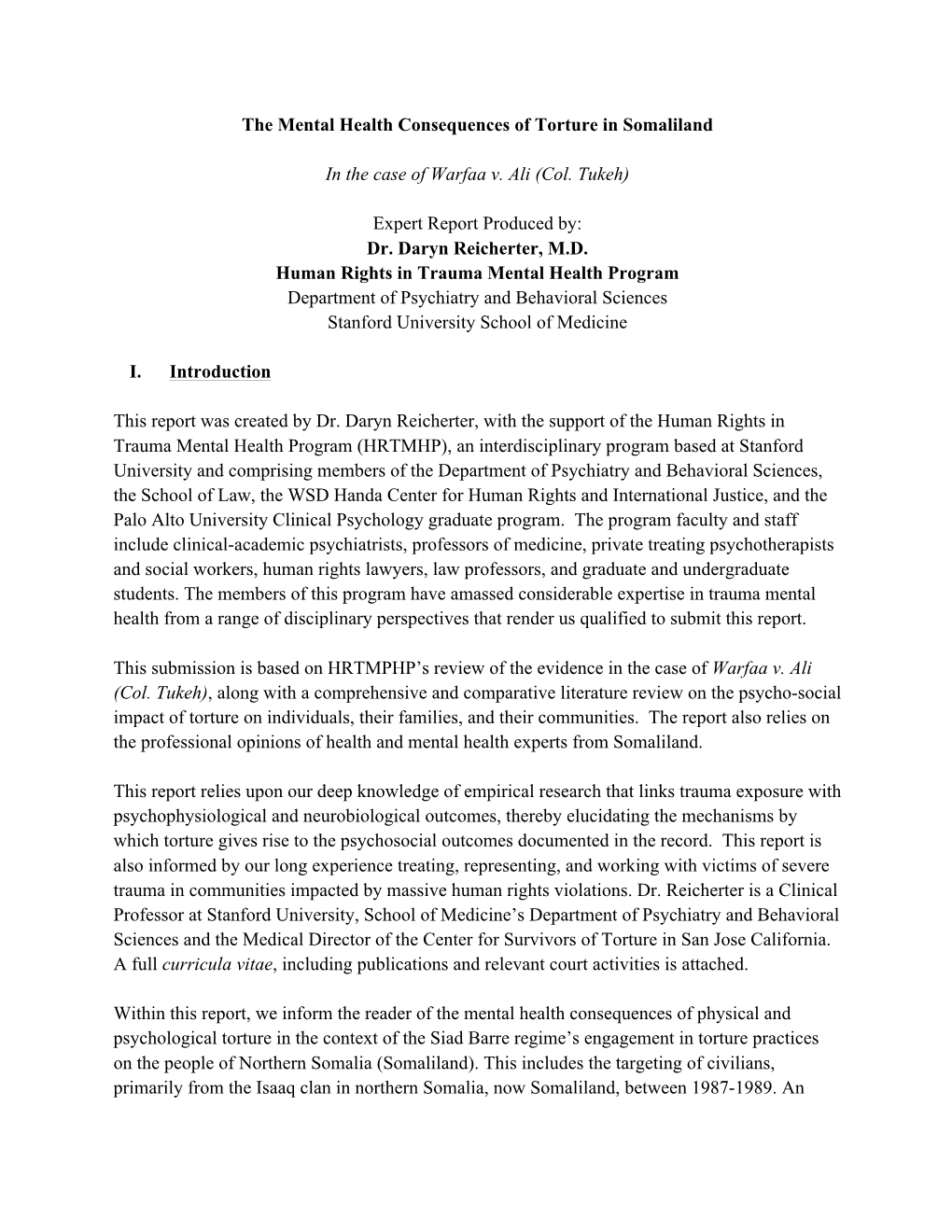 The Mental Health Consequences of Torture in Somaliland in the Case of Warfaa V. Ali (Col. Tukeh) Expert Report Produced By