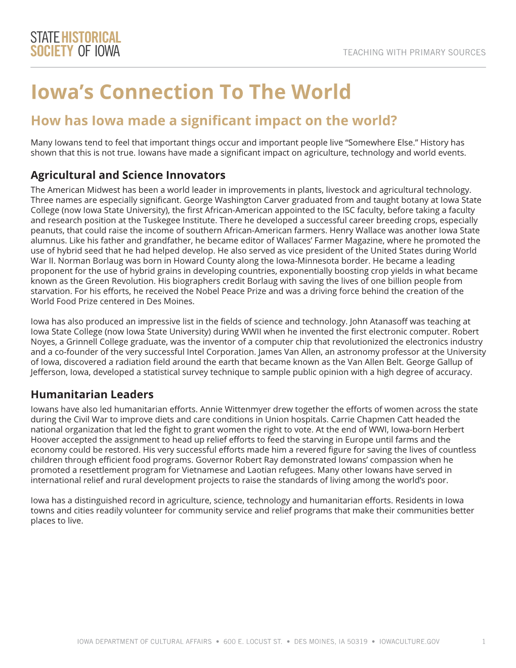 Iowa's Connection to the World Source Set Teaching Guide