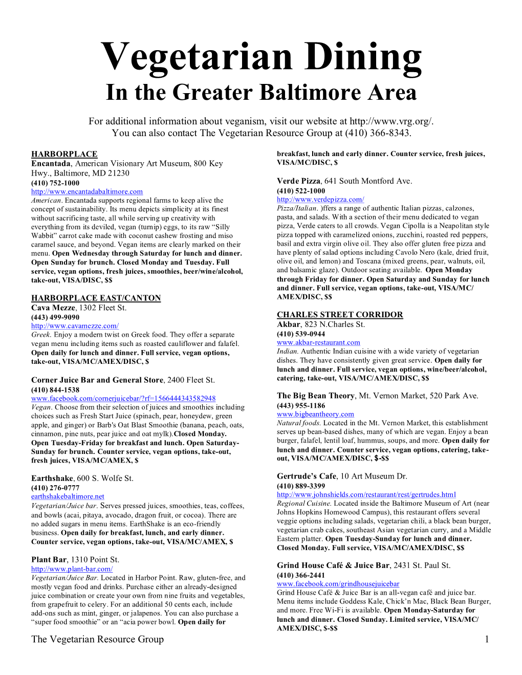 Greater Baltimore Restaurant Guide