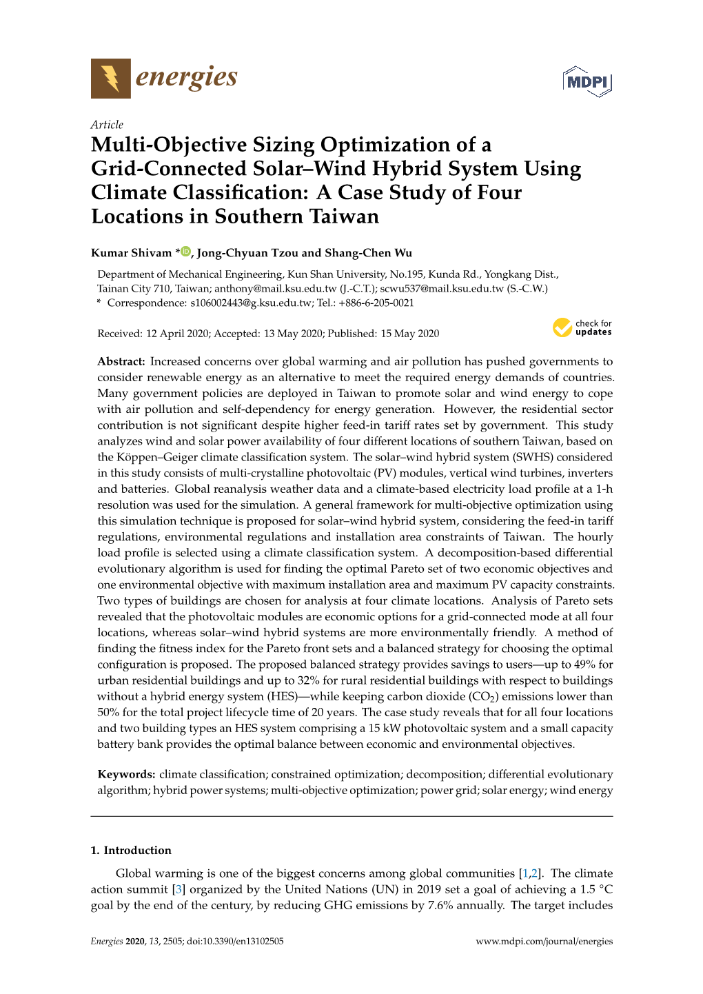 Multi-Objective Sizing Optimization of a Grid-Connected Solar–Wind Hybrid System Using Climate Classiﬁcation: a Case Study of Four Locations in Southern Taiwan