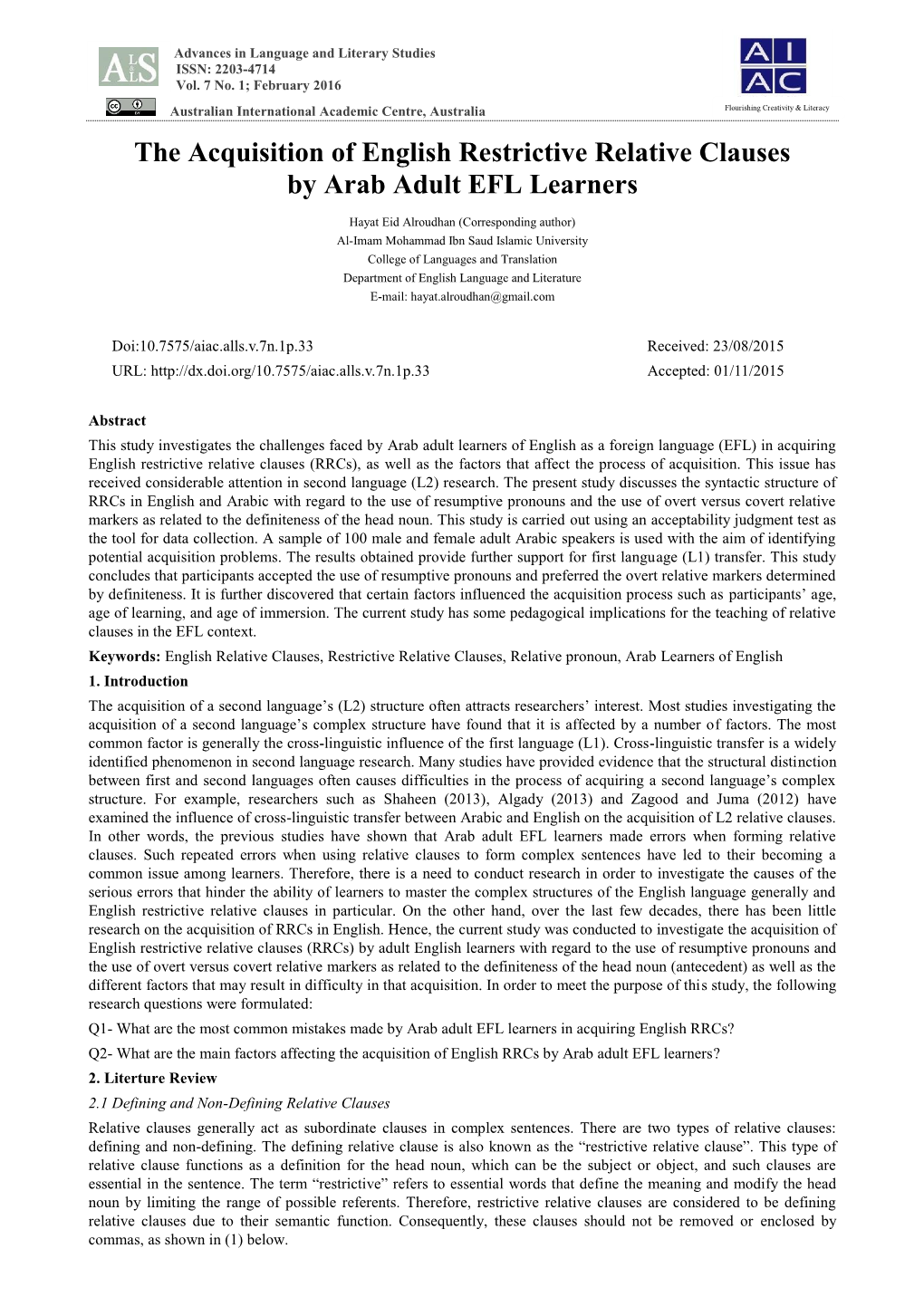 The Acquisition of English Restrictive Relative Clauses by Arab Adult EFL Learners