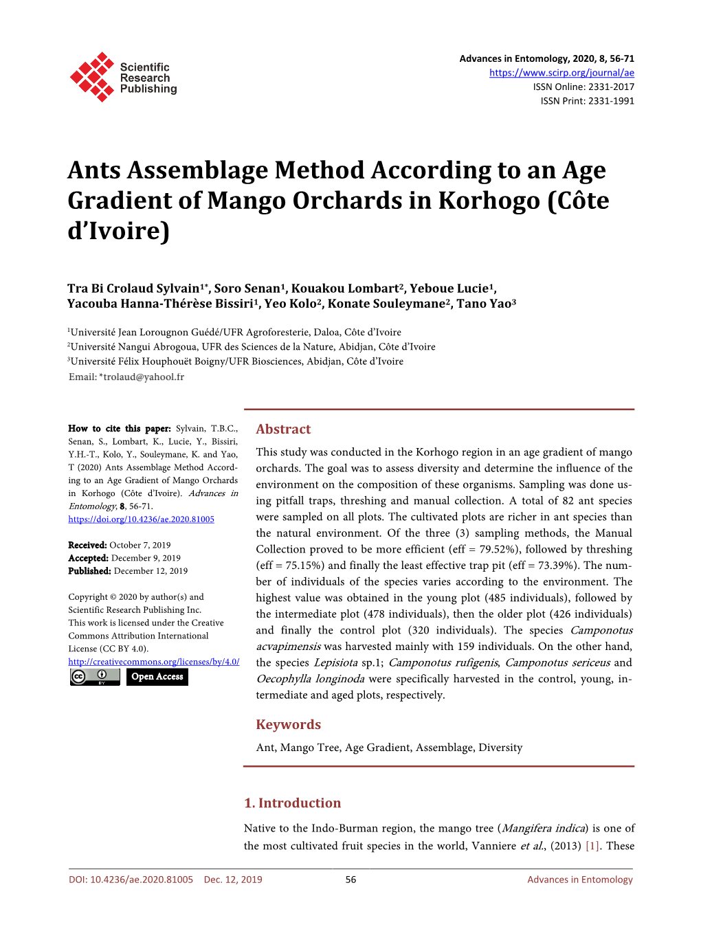 Ants Assemblage Method According to an Age Gradient of Mango Orchards in Korhogo (Côte D’Ivoire)