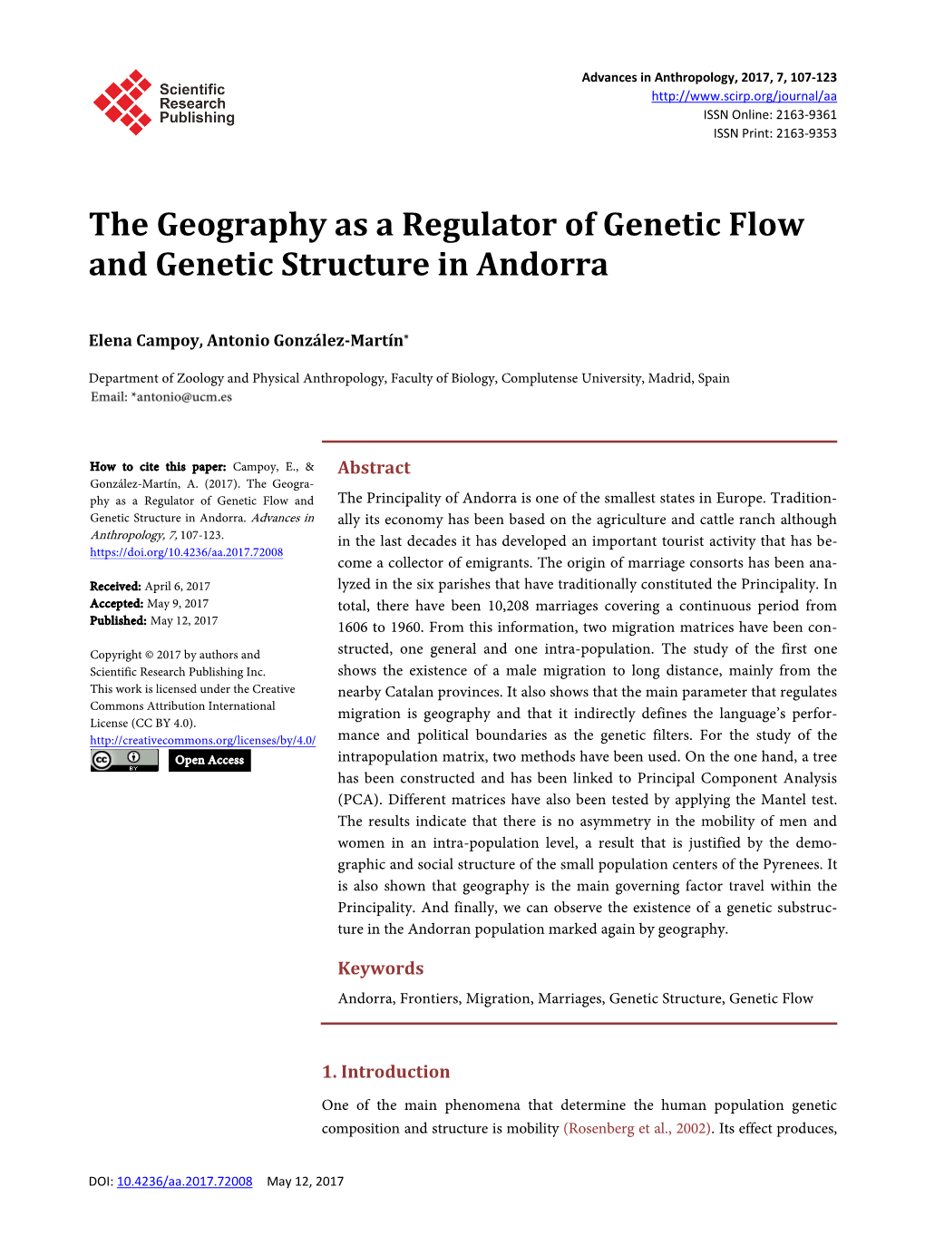 The Geography As a Regulator of Genetic Flow and Genetic Structure in Andorra