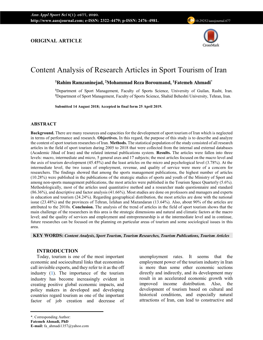 Content Analysis of Research Articles in Sport Tourism of Iran