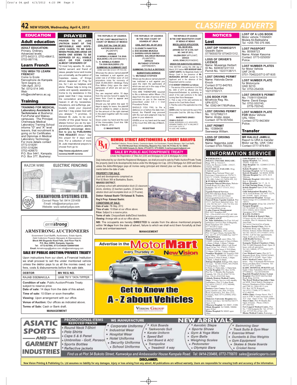 42 NEW VISION, Wednesday, April 4, 2012 CLASSIFIED ADVERTS