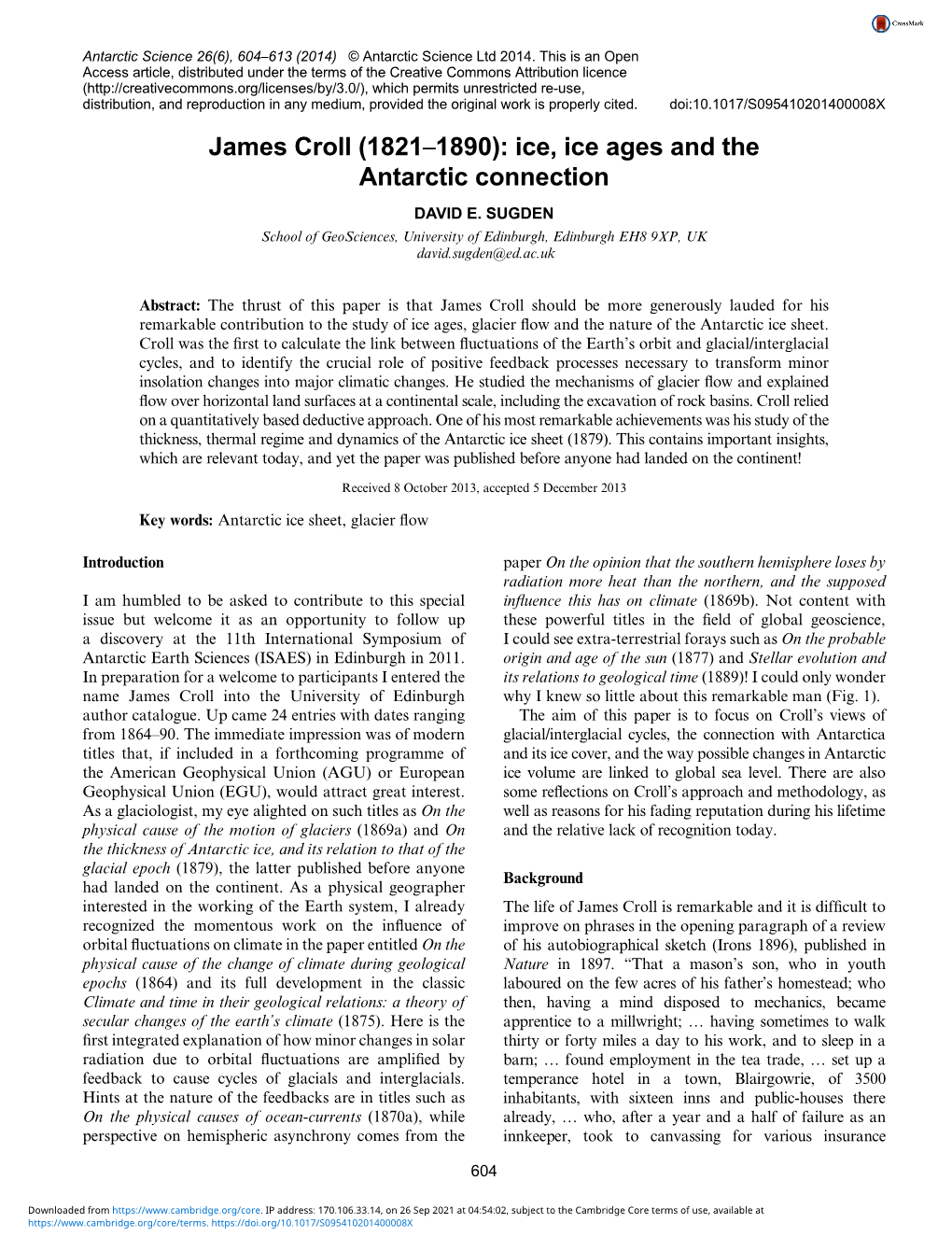 James Croll (1821–1890): Ice, Ice Ages and the Antarctic Connection DAVID E