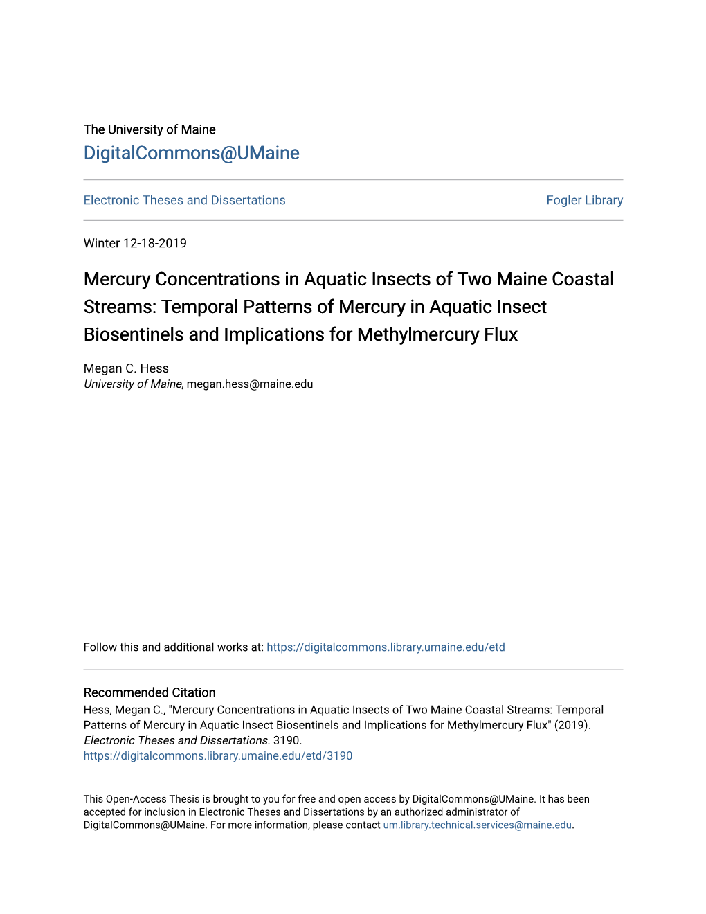 Mercury Concentrations in Aquatic Insects of Two Maine Coastal Streams