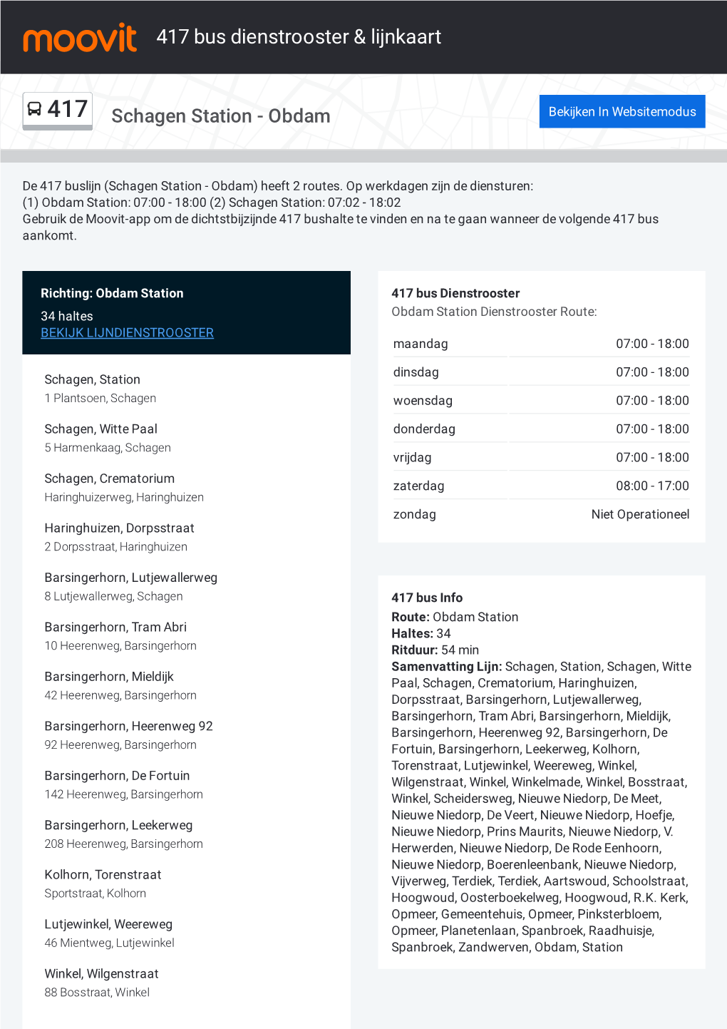 417 Bus Dienstrooster & Lijnroutekaart