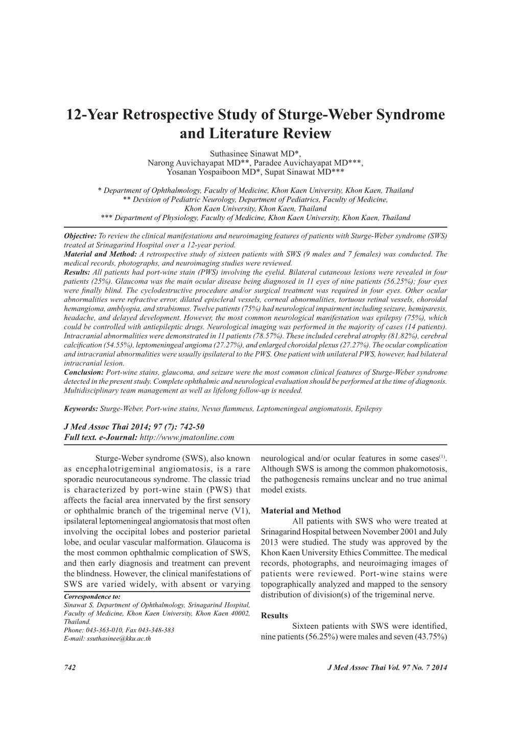 12-Year Retrospective Study of Sturge-Weber Syndrome and Literature