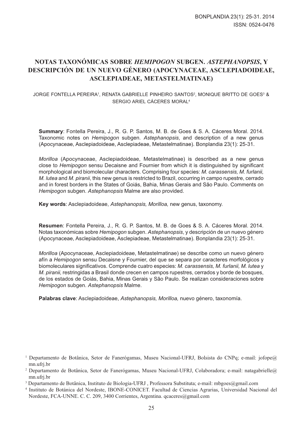 Notas Taxonómicas Sobre Hemipogonbonpla Y Descripciónndia 23(1): De Un 25-31