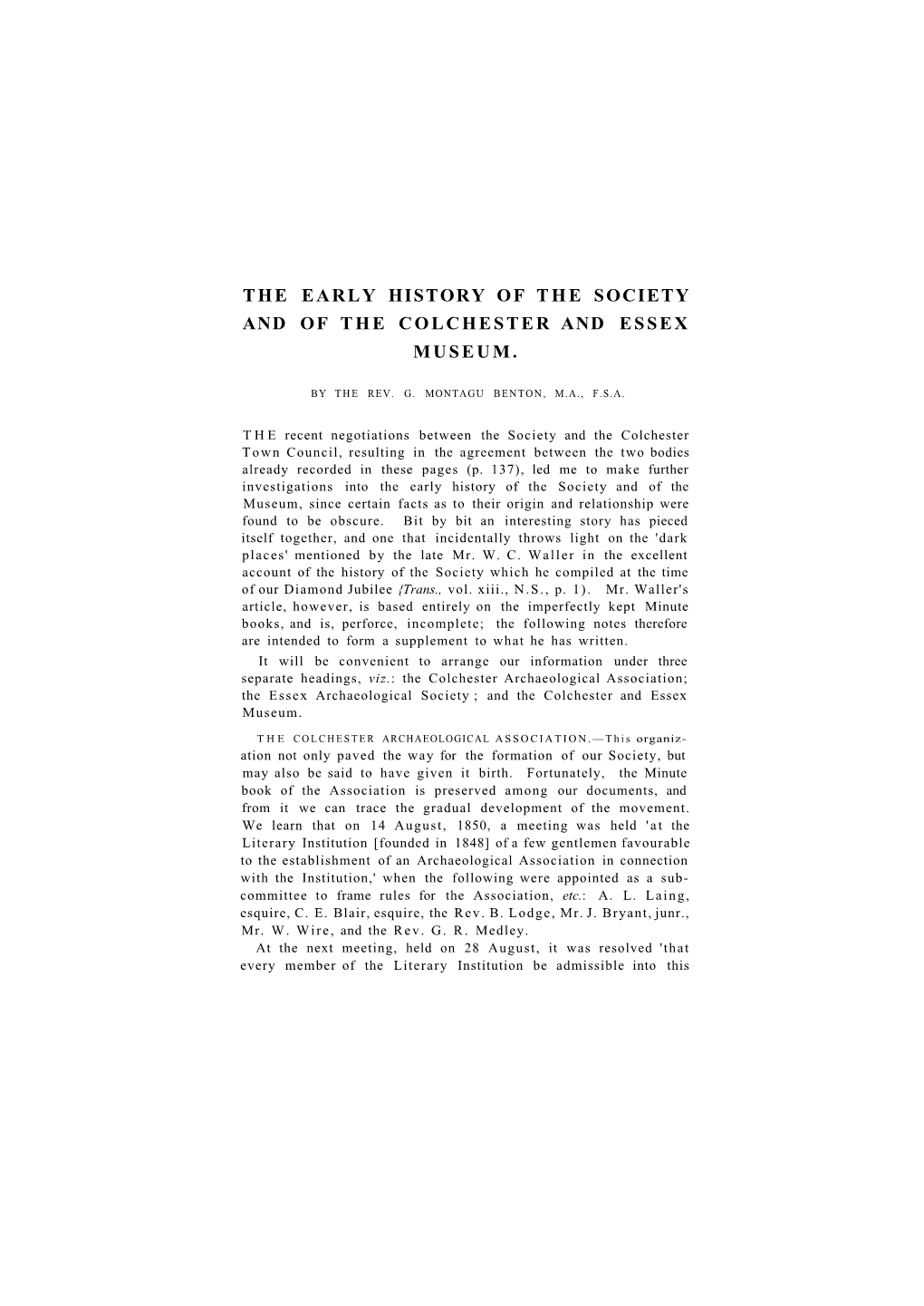 The Early History of the Society and of the Colchester and Essex Museum