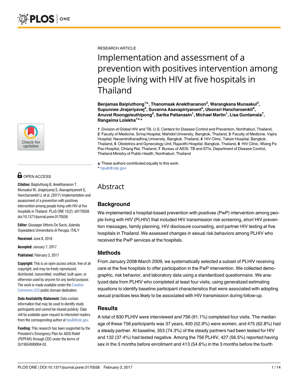 Implementation and Assessment of a Prevention with Positives Intervention Among People Living with HIV at Five Hospitals in Thailand