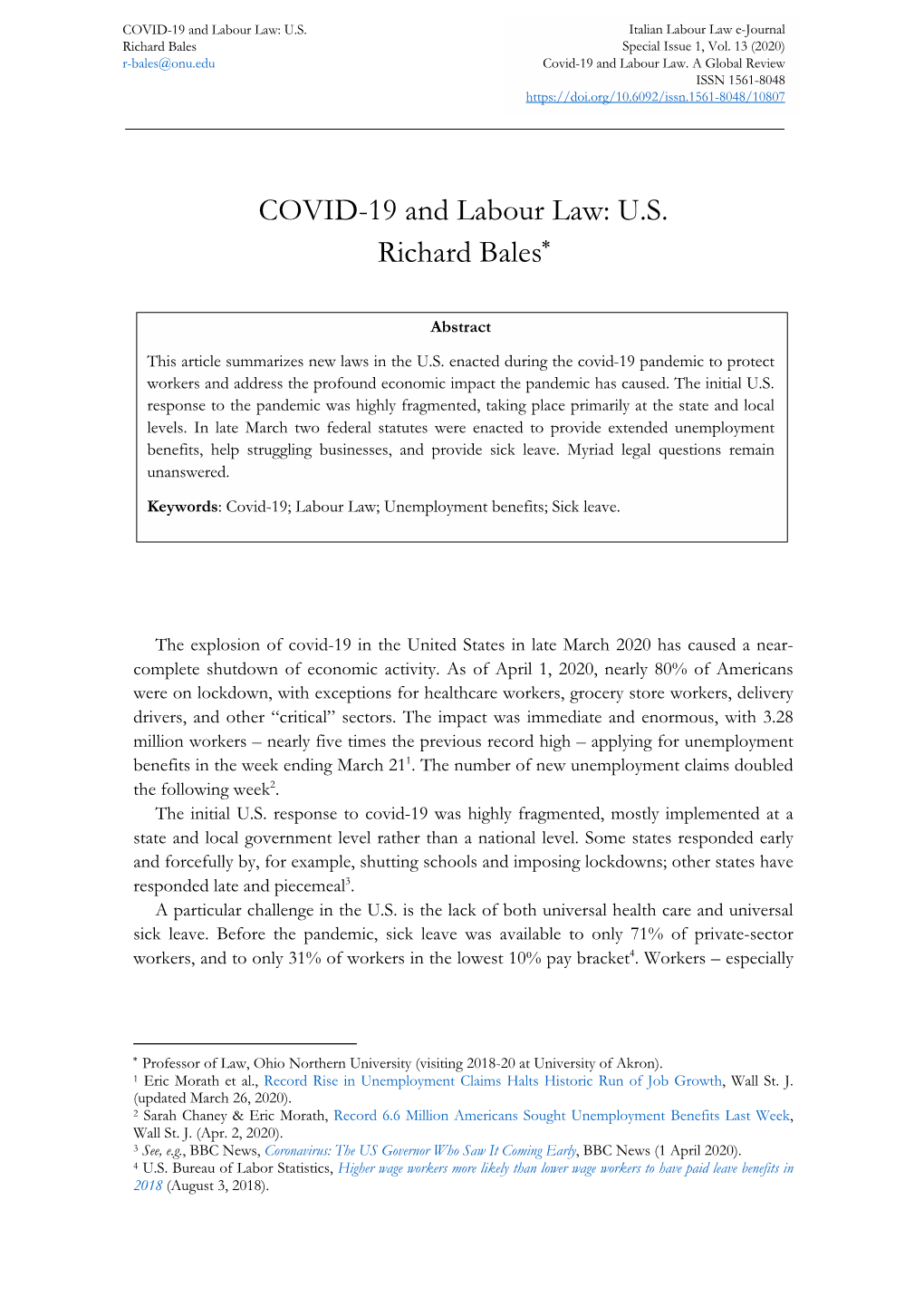 COVID-19 and Labour Law: U.S. Richard Bales