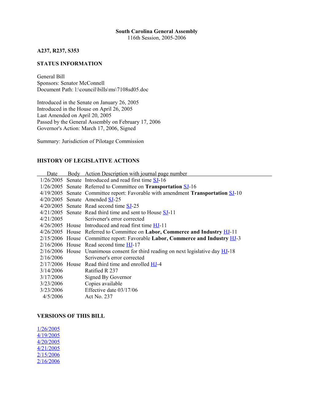 2005-2006 Bill 353: Jurisdiction of Pilotage Commission - South Carolina Legislature Online