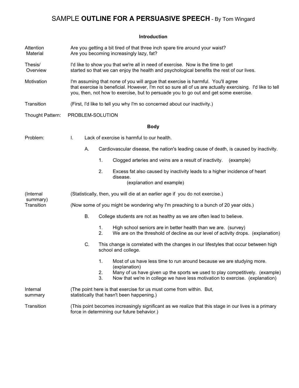 SAMPLE OUTLINE for a PERSUASIVE SPEECH - by Tom Wingard