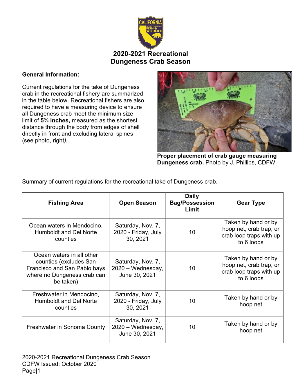 Recreational Dungeness Crab Regulations 2020-21