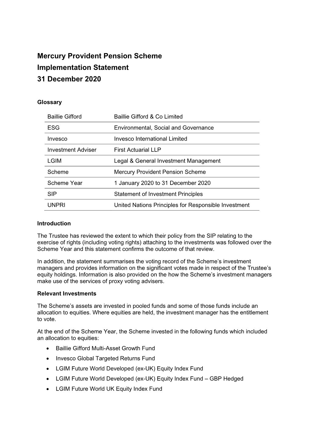 Mercury Provident Pension Scheme Implementation Statement 31 December 2020